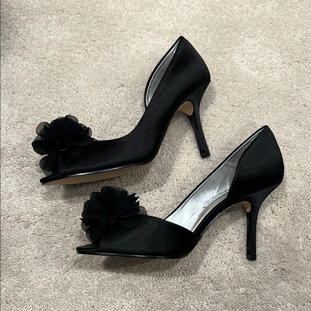 Caparros Black Stiletto Heels with Pom-Pom Accent